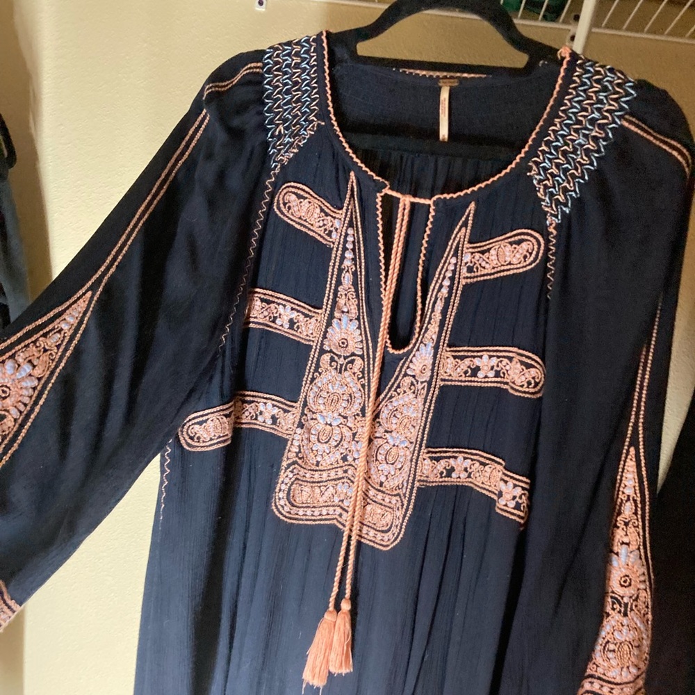 Free People Women’s M Wind Willow Embroidered Bohemian Mini Dress Black